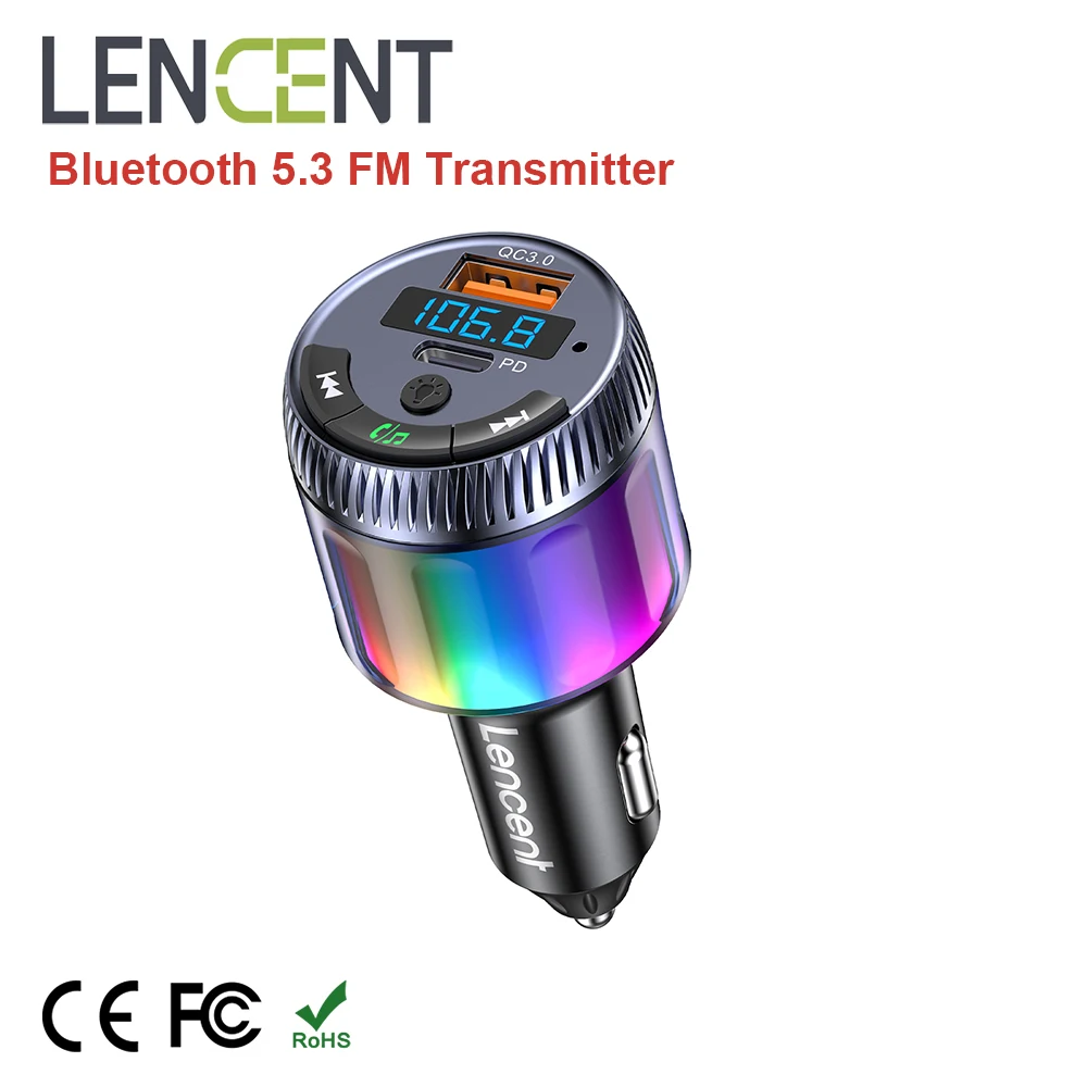 LENCENT Bluetooth 5.3 FM Transmitter Bluetooth Car Adapter with Type C PD 30W & QC3.0 USB Fast Charger Hi-Fi Music Adapter