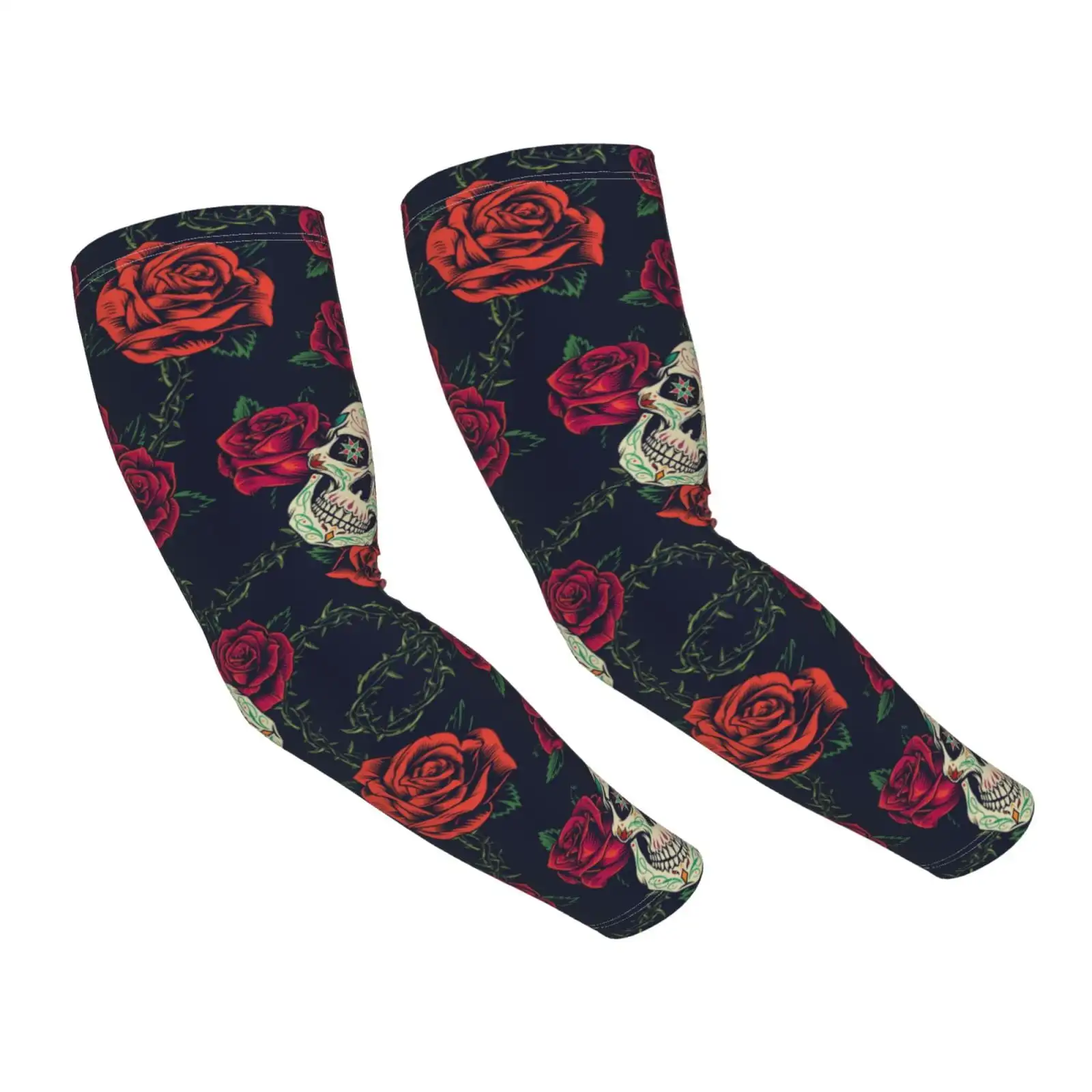 ปลอกแขนระบายความร้อน Roses Skulls สําหรับผู้หญิง ปลอกแขน ปลอกป้องกันแสงแดด UV เพื่อปกปิดด้วยซิลิโคนกันลื่น
