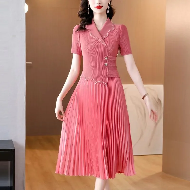 

2024 New Miyake Women's Pleated Dress Suit Collar Splice Short Sleeve Splice Fashion Slim and Fashionable Large Size Dress