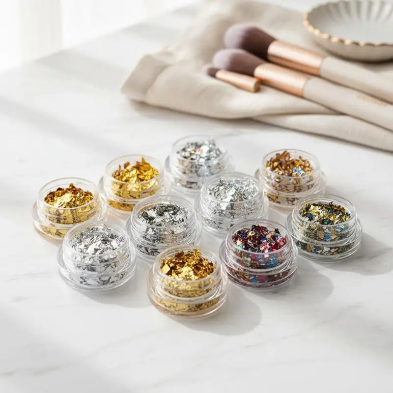 Paillettes Métalliques pour Nail Art – Lot de 6 Pots Or et Argent – Décorations DIY pour Gel Acrylique et Vernis – Feuilles Scintillantes pour Manucure