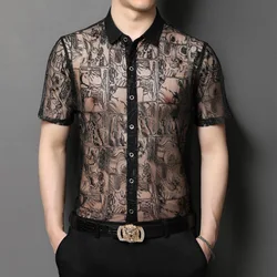 European Style Men Shirt Fashion Casual Transparent Short Sleeve Summer New Quality Hollow Breathable Thin Cool Camisa Masculina