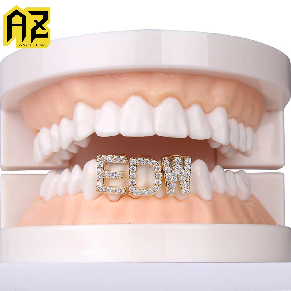 Custom Capital Letters Zircon Bling Iced Out Grillz Teeth Men Women Single Hip Hop Tooth Grills Caps Fashion Jewelry