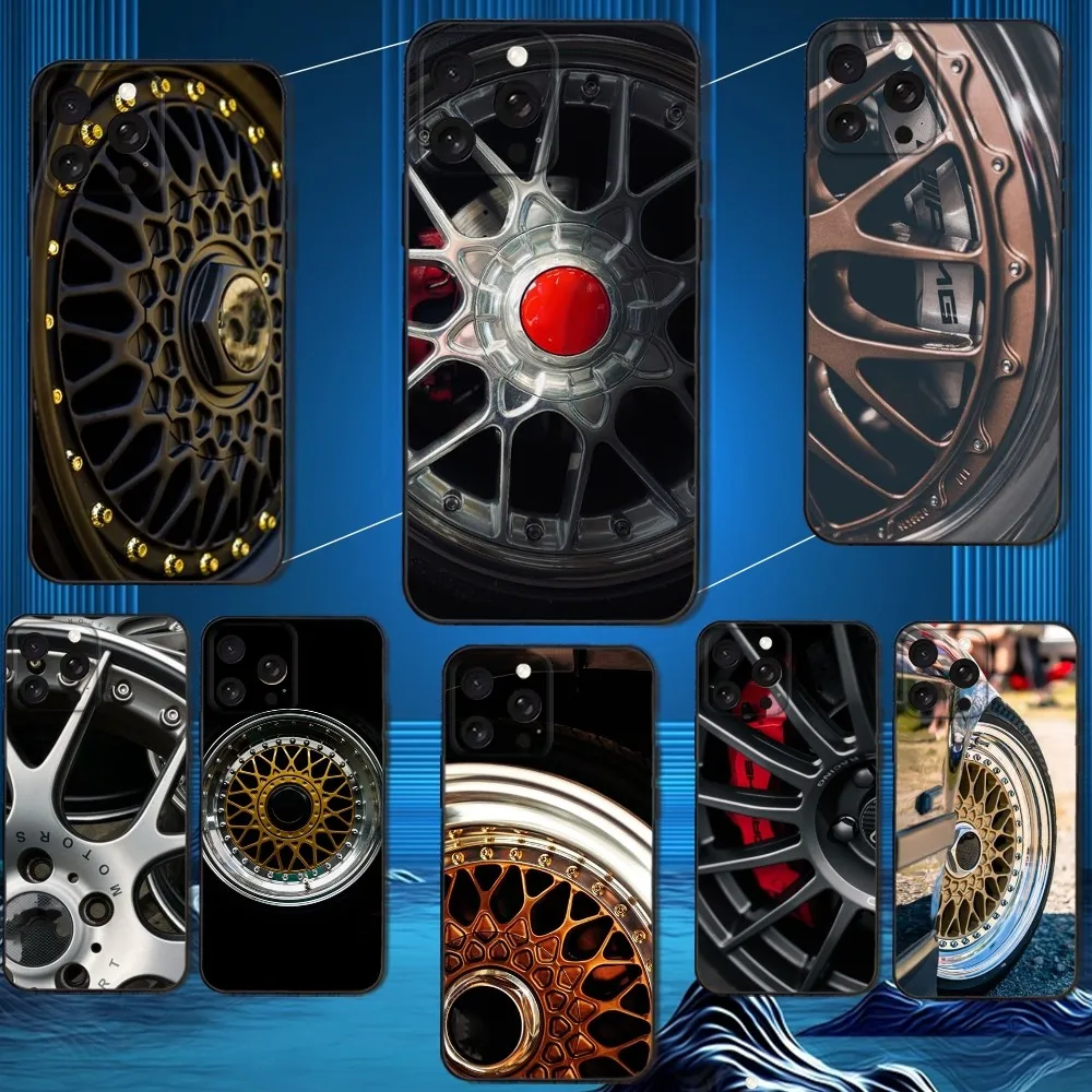 

B-BBS Car Rim Wheel Phone Case For iPhone 16,15,14,13,12,11 Plus,Pro Max,XS,X,XR,SE,Mini,8,7,Soft Silicone Black Cover