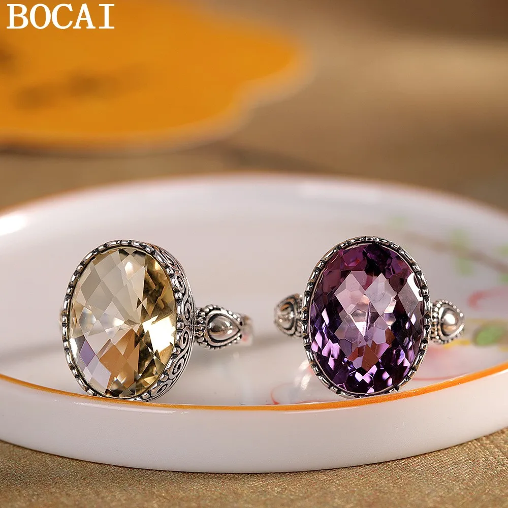 

BOCAI NEW S925 Silver Retro Fashion Inlaid With Cut Surface Amethyst Open Ring