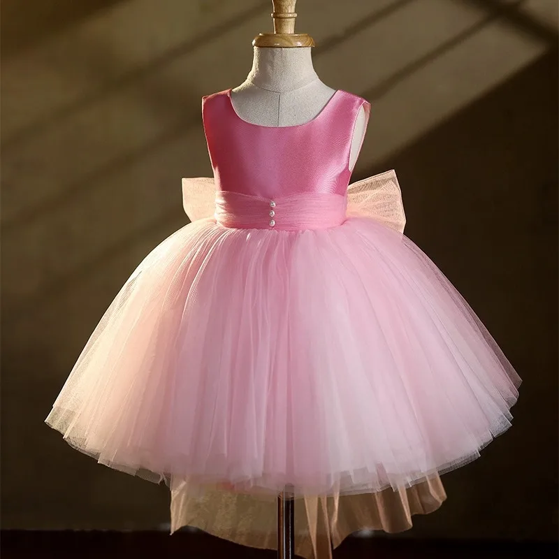 2025 Children Cute Pink Sleeveless Mesh Princess Ball Gown Girls Bithday Wedding Party Dress y1519