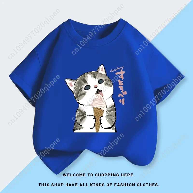 Mofusand القط الفتاة ملابس قصيرة الأكمام تي شيرت الطفل القطن الخالص أعلى الصيف ملابس جديدة الأطفال قميص أساسي