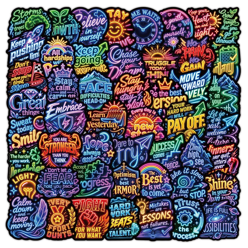 Stylish Neon Text‑themed Waterproof Sticker Pack 53 Sheets Motivational Graffiti Decals For Handcraft RecordingYourLife Store