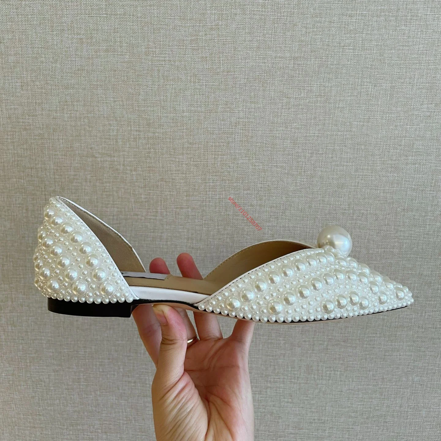 White pearl Women Flat shoes Big size female shoesWomen New Pearls Studs Luxury Pointed Toe Casual ShoesSlip On Woman Sandal 42