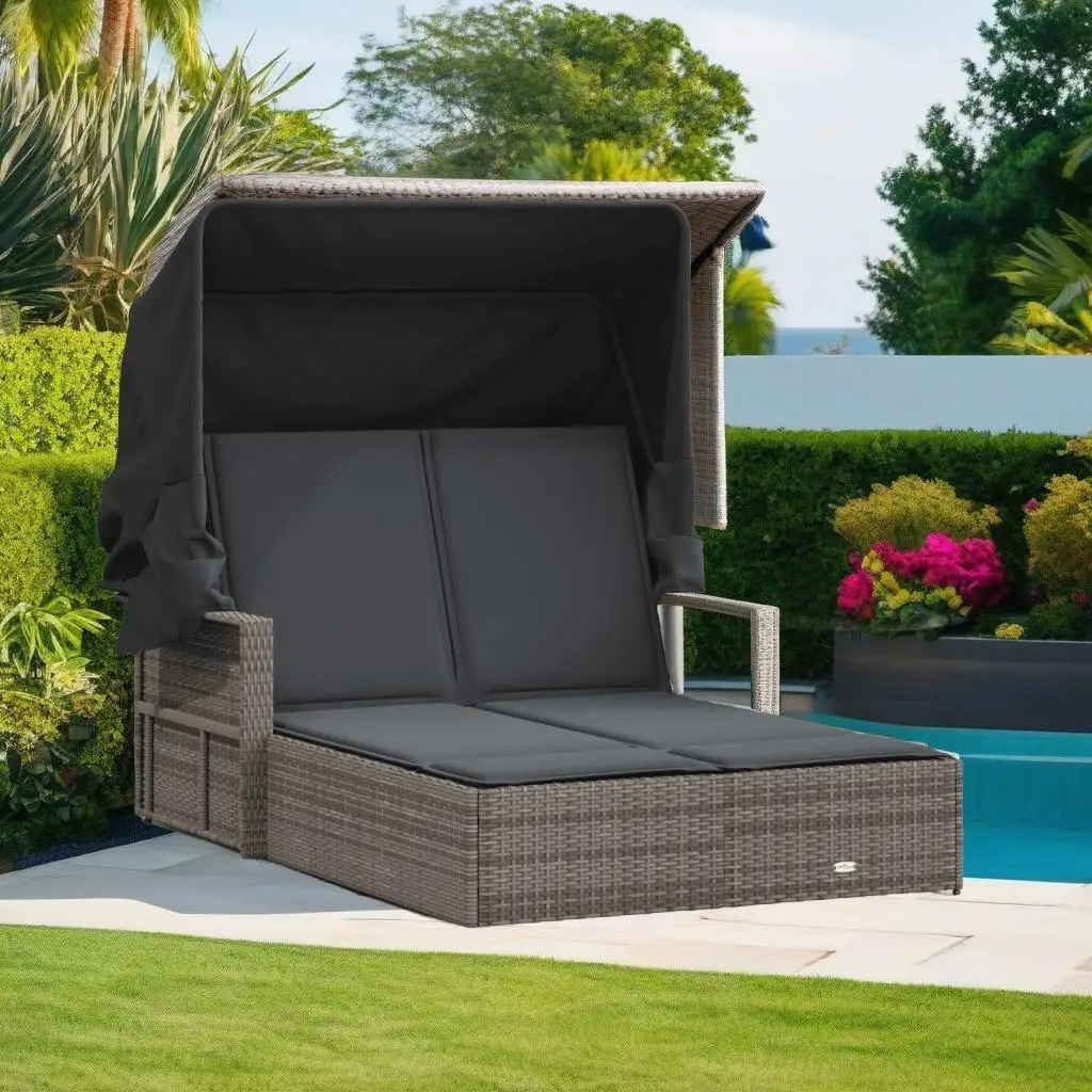 Gray Poly Rattan Double Sun Lounger with Canopy & Cushions - Perfect for Outdoor Relaxation