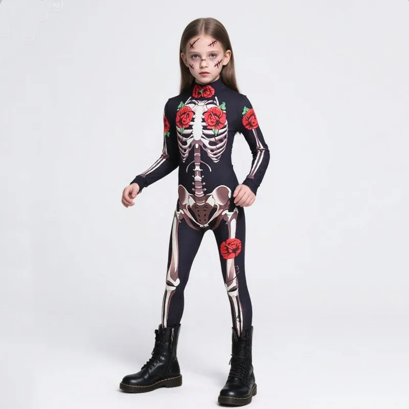 

Боди со скелетом и принтом роз для девочек, костюм невесты-призрака на Хэллоуин, костюм с полным покрытием, страшная одежда для выступлений для женщин