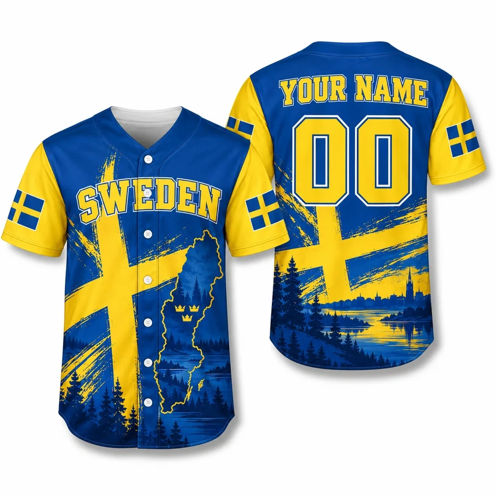 Golden Cross Sweden Shirts Dala Horse and Lake Art Baseball Jersey Short Sleeve Scenic Casual Scandinavian Jerseys Shirt