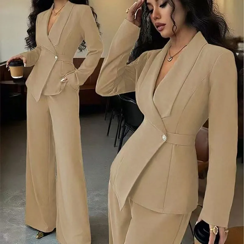 women's 2026 autumn cross-border American suit temperament fashion long-sleeved blazer straight pants up and down two-piece set