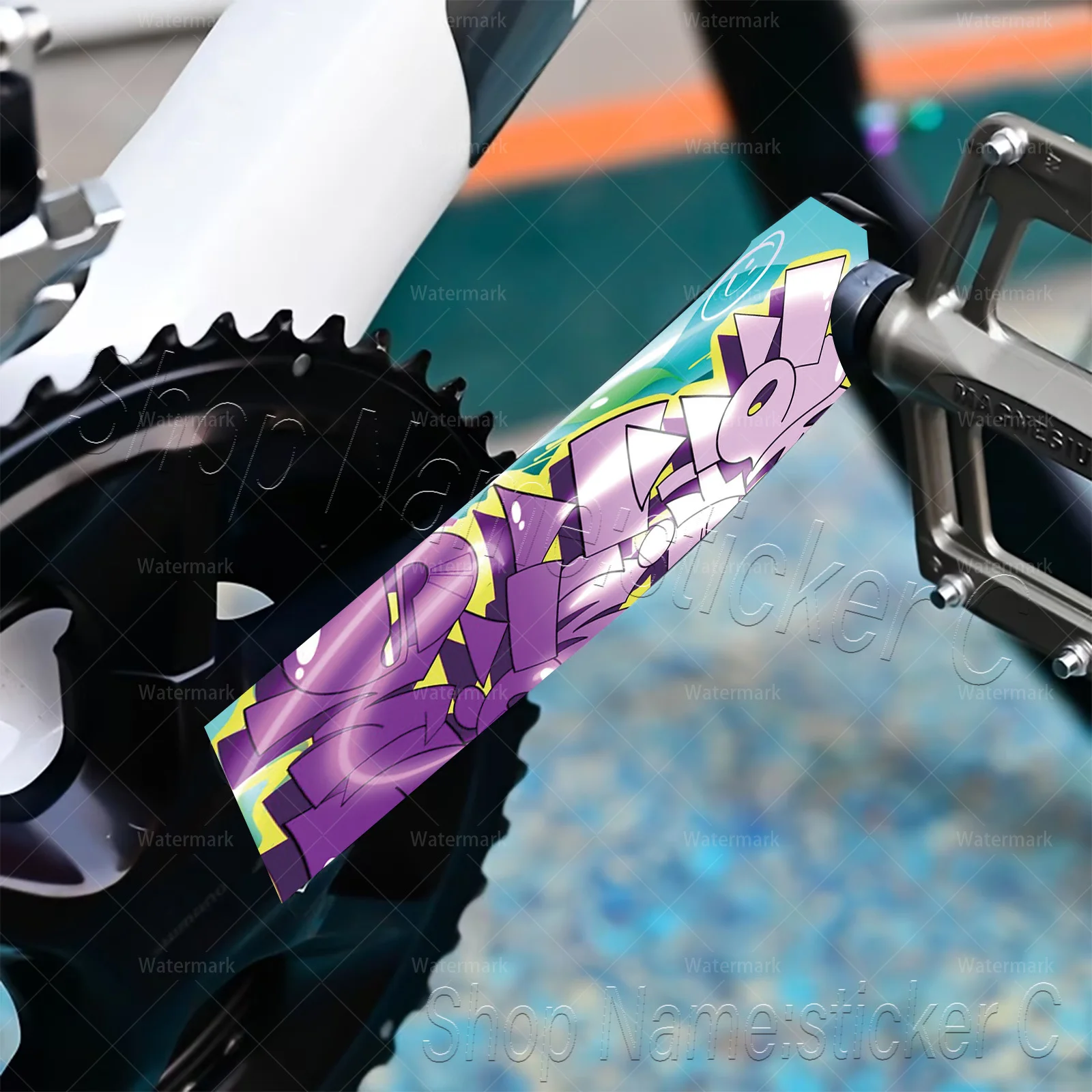 1Pair 2D Flat Purple Green Graffiti Letter Vinyl Sticker, Waterproof Decal for MTB Road Bike Crank Arm, Holiday Gift