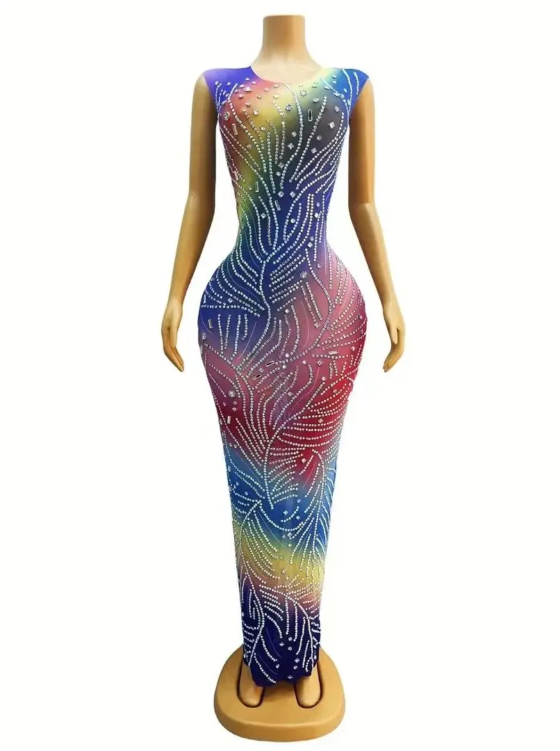 

AB Rhinestones Transparent Colorful Sleeveless Dress Birthday Celebrate Dresses Evening Dance Team Performance Costume yinsi