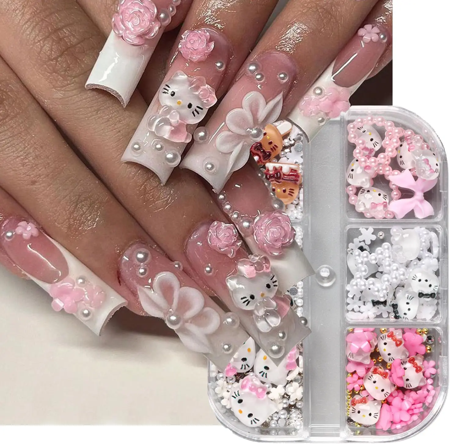 6/12 Grid 3D Cartoon Hello Kitty Nagel Charmes Hars Hart Boog Bloem Nagelsteentjes Gemengde Parel Kaviaar Kralen manicure Decoratie