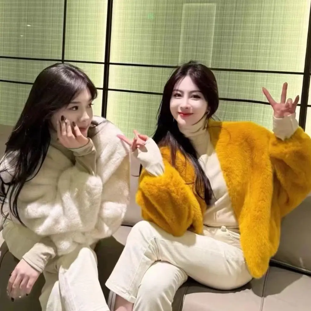 Women V-neck Short Coat Fake Mink Fur Mink Elegant Autumn Winter Coat