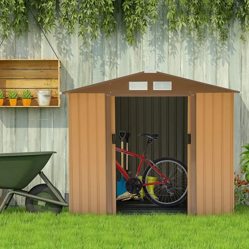 7' x 4' Outdoor Storage Shed, Garden Tool House with Foundation Kit, 4 Vents and 2 Easy Sliding Doors for Backyard,Patio, Yellow