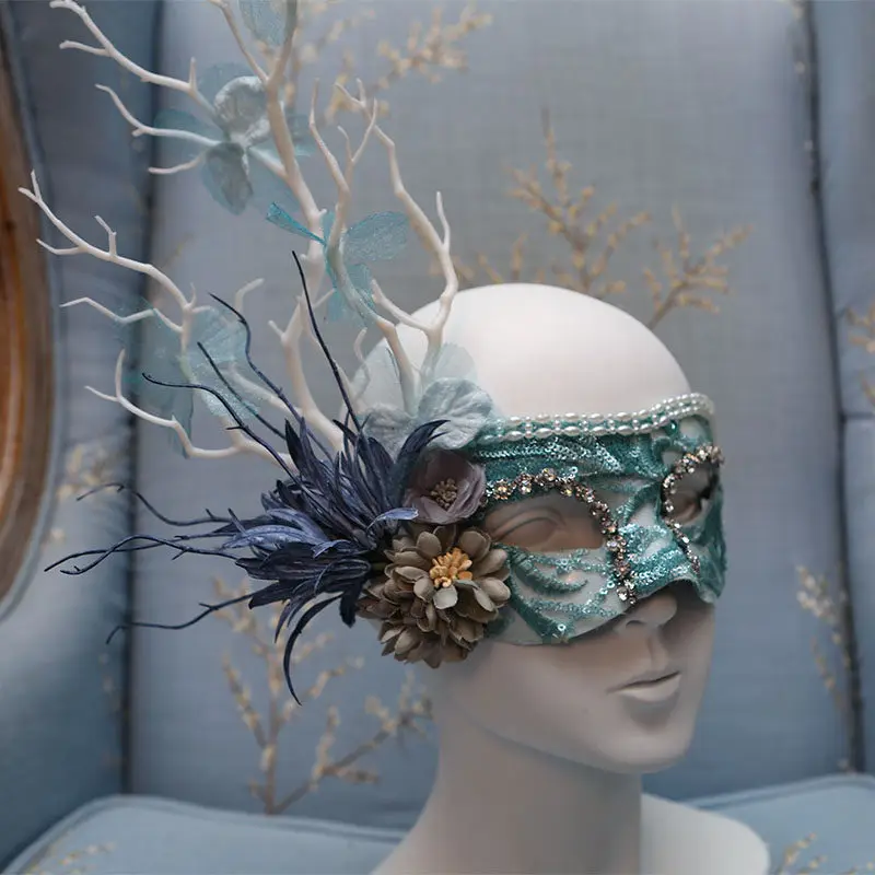 Europe and the United States exaggerate Venice green flower mask tree branches masked singer Halloween carnival masquerade party 5