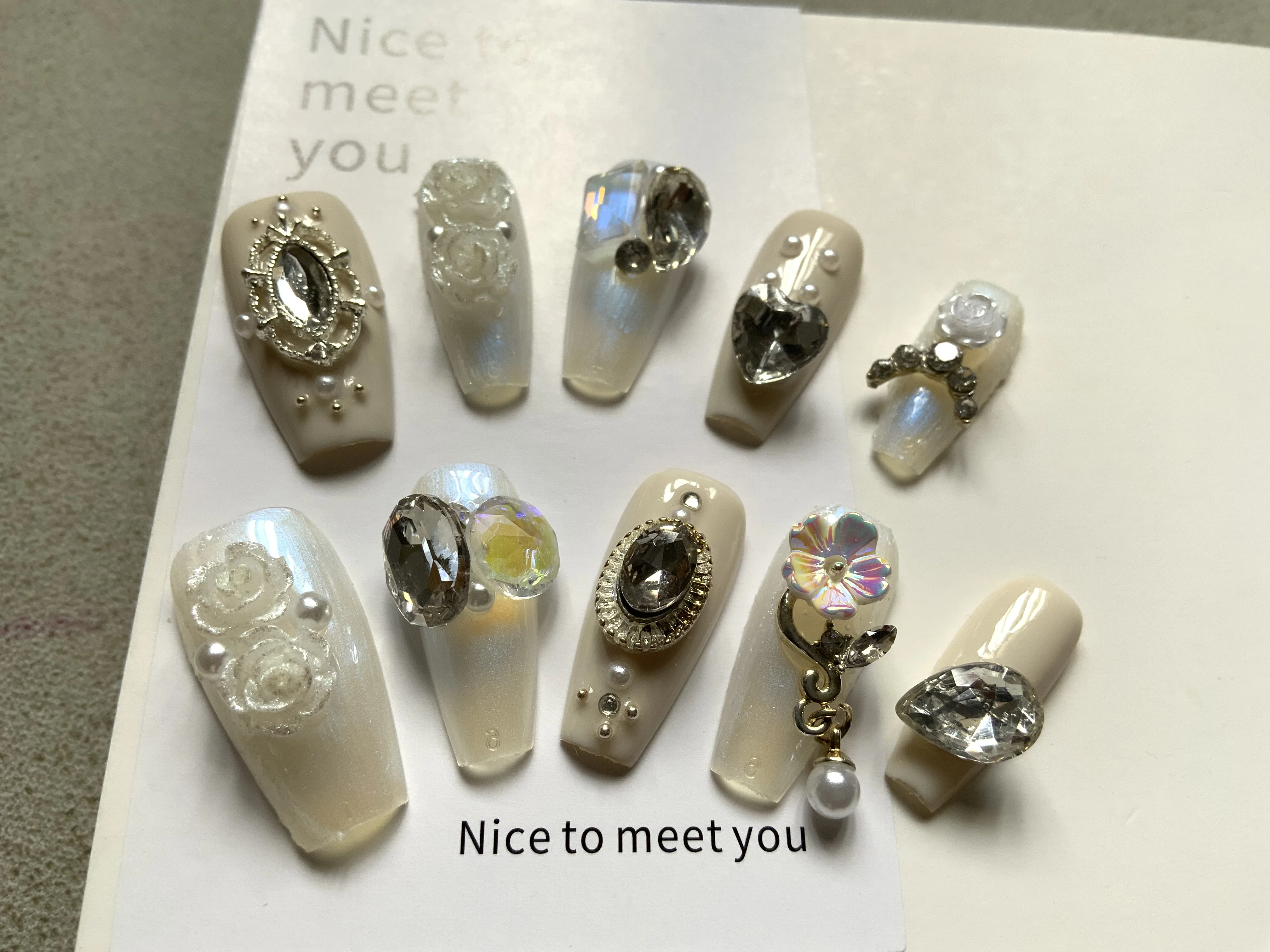 10pcs Press on False Nail Rose White Pear Diamond Love Heart Queen Lady Romantic Design Silver Glue Snow Handmade Luxury