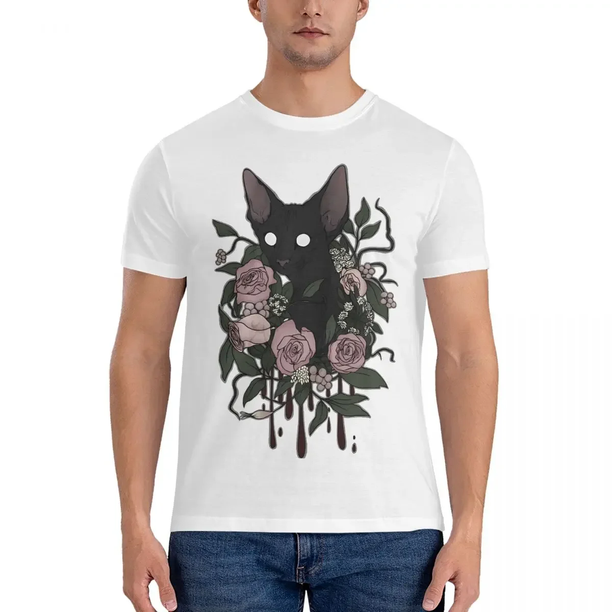 Funny Dark Floral Feline T-Shirt Men O Neck 100% Cotton T Shirts Sphynx Cat Short Sleeve Tees Adult Clothes