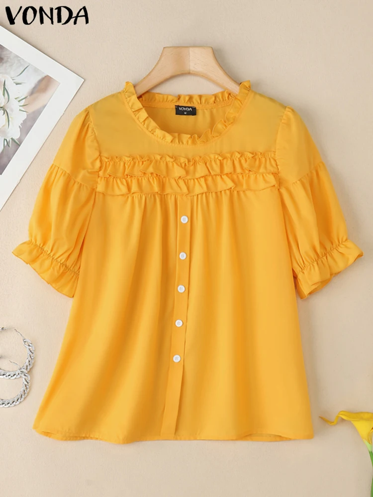 

VONDA Women Ruffled Blouse Casual Puff Sleeve Elegant Office Tops 2025 Female O-Neck Shirts Work Solid Color Blusas Chemise