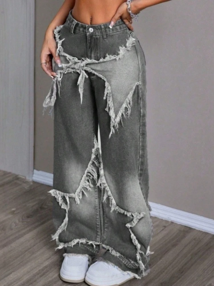 HOUZHOU Vintage Y2k Gray Jeans Women Star Patchwork 90s Gothic Denim Trousers Harajuku 2000s Black Baggy Jean Pants Aesthetic