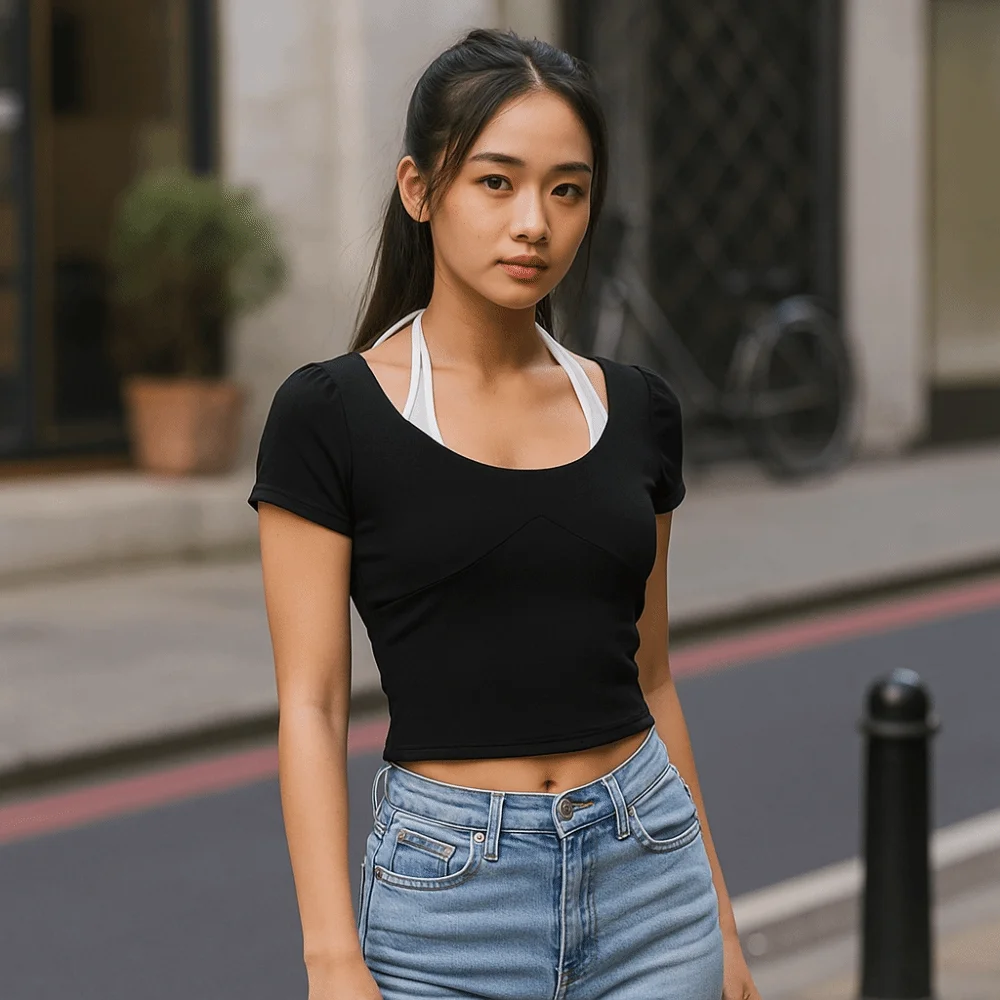 

Y2K Fake Two Pieces Top Bottoming Shirt Spicy Girl Style Slim Halter Crop Top Women Chic Short Sleeve T-shirts Summer