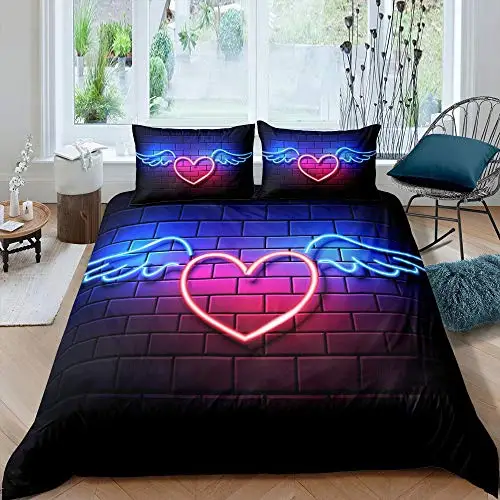 

Heart Wings Neon Duvet Cover Set Valentine's Day Bedding Set 3pcs for Lover and Couple Romantic Theme Microfiber Comforter Cover