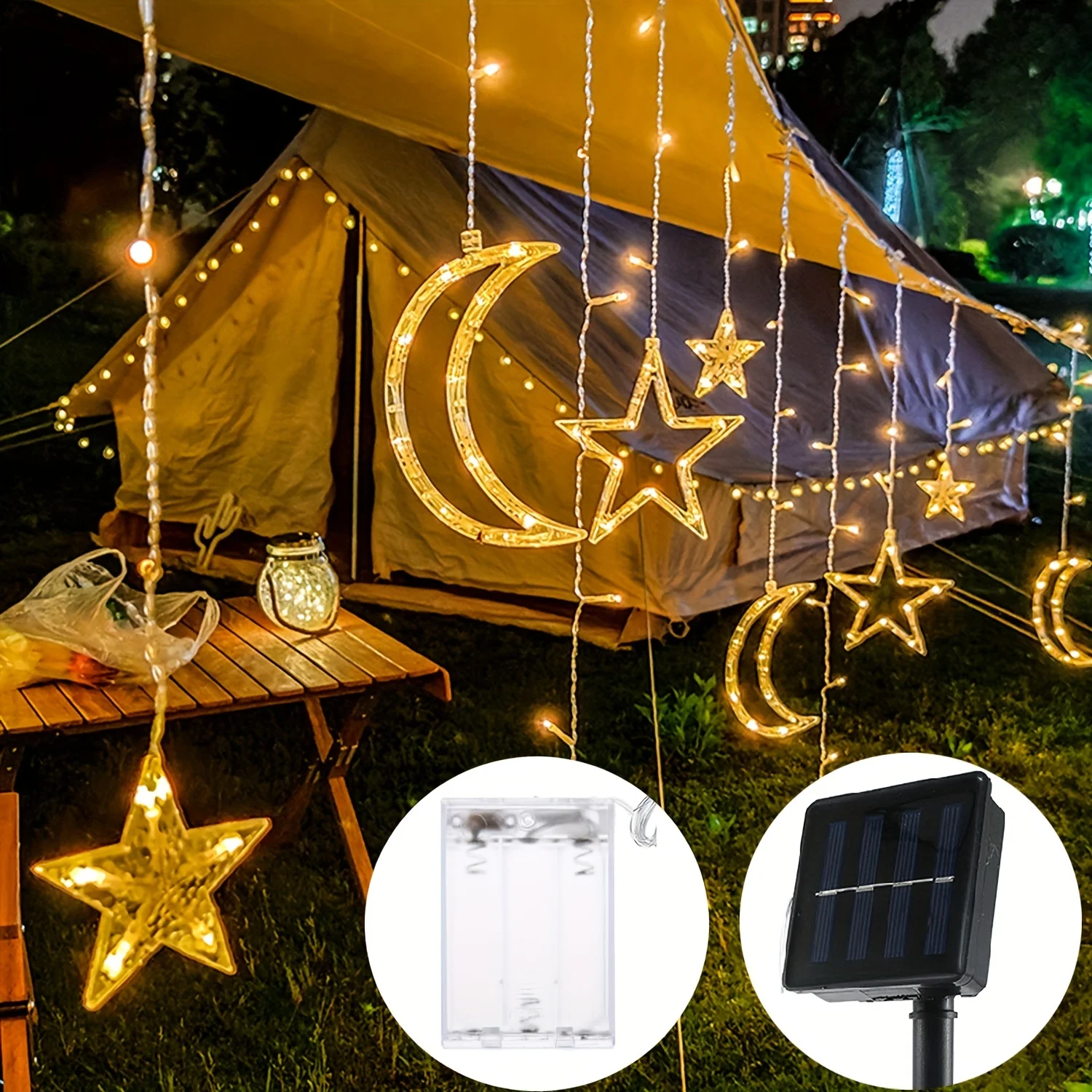 Impermeável Solar Power String Lights, Star and Moon Guirlanda, Festão ao ar livre, LED Fairy Garden Lamp, Decorações de casamento e Natal, 8 Modos