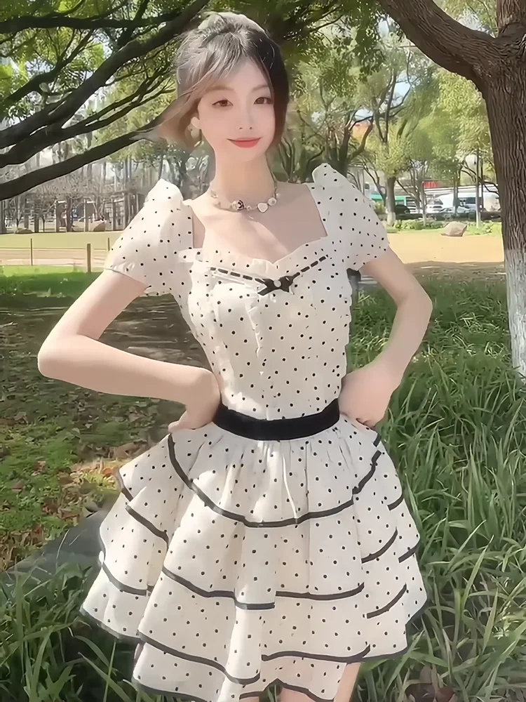 

Cute Princess Polka Dot Dress Women's Summer New Small Size Gentle Sweet Fluffy Cake Skirt Short Sleeve Square Collar Regular...