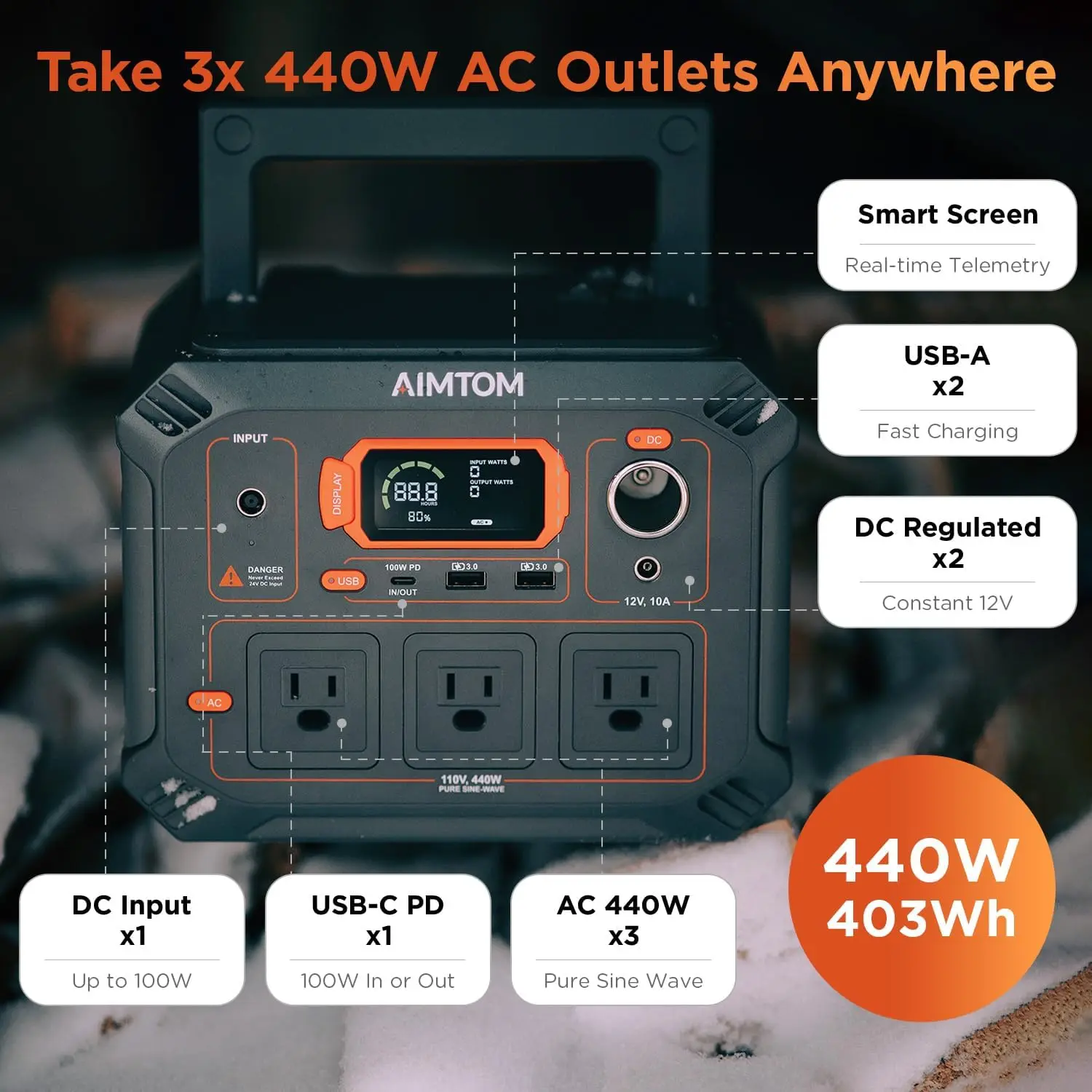 403Wh Power Station – 3x 440W (800W Surge) AC Outlets, 100W USB-C, 2x 12V DC, 2x USB, LED Light, Lithium Battery Solar