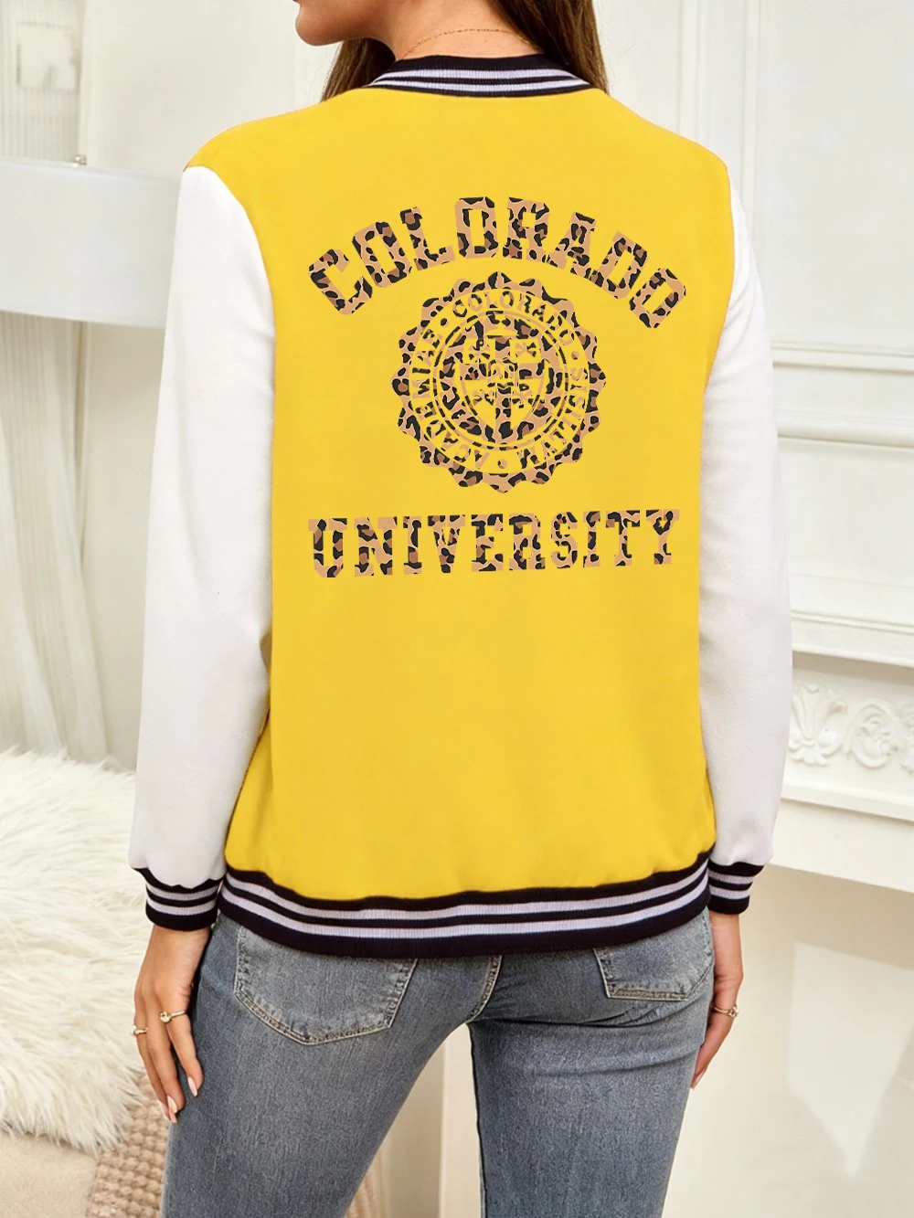 

Colorado University Leopard Printing Baseball Coat Womens Winter Fleece Warm Jackets Casual Pocket Tops Street Cotton Clothes