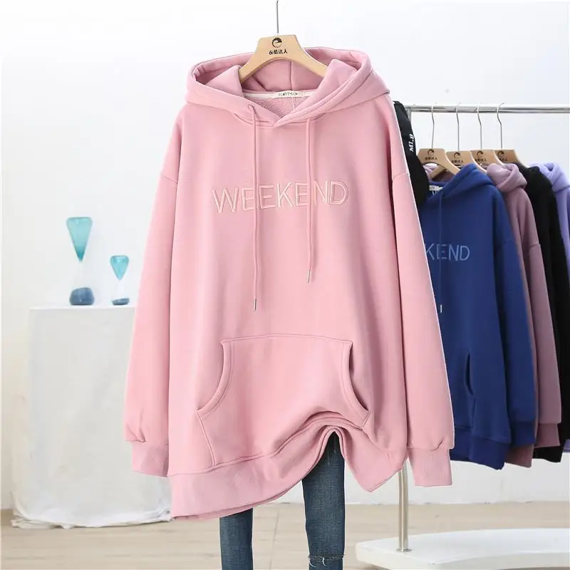 Womens Autumn and Winter New Hooded Sweatshirt Solid Color Letter Pockets Splicing Lax Large Size Appears Thin Mid-length Top