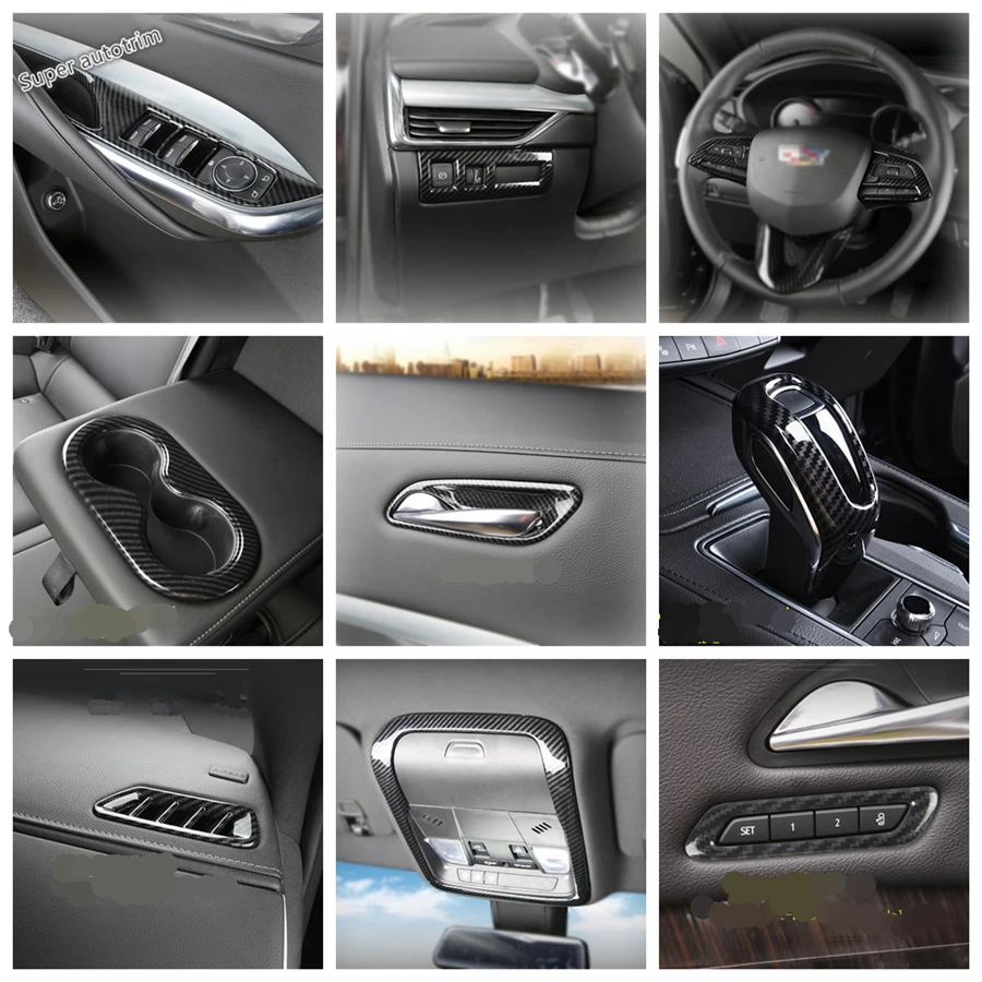 

Carbon Fiber Look Interior Refit Kit Head / Roof Reading Lamps / Rear Water Cup Holder Cover Trim For Cadillac XT4 2019 - 2022