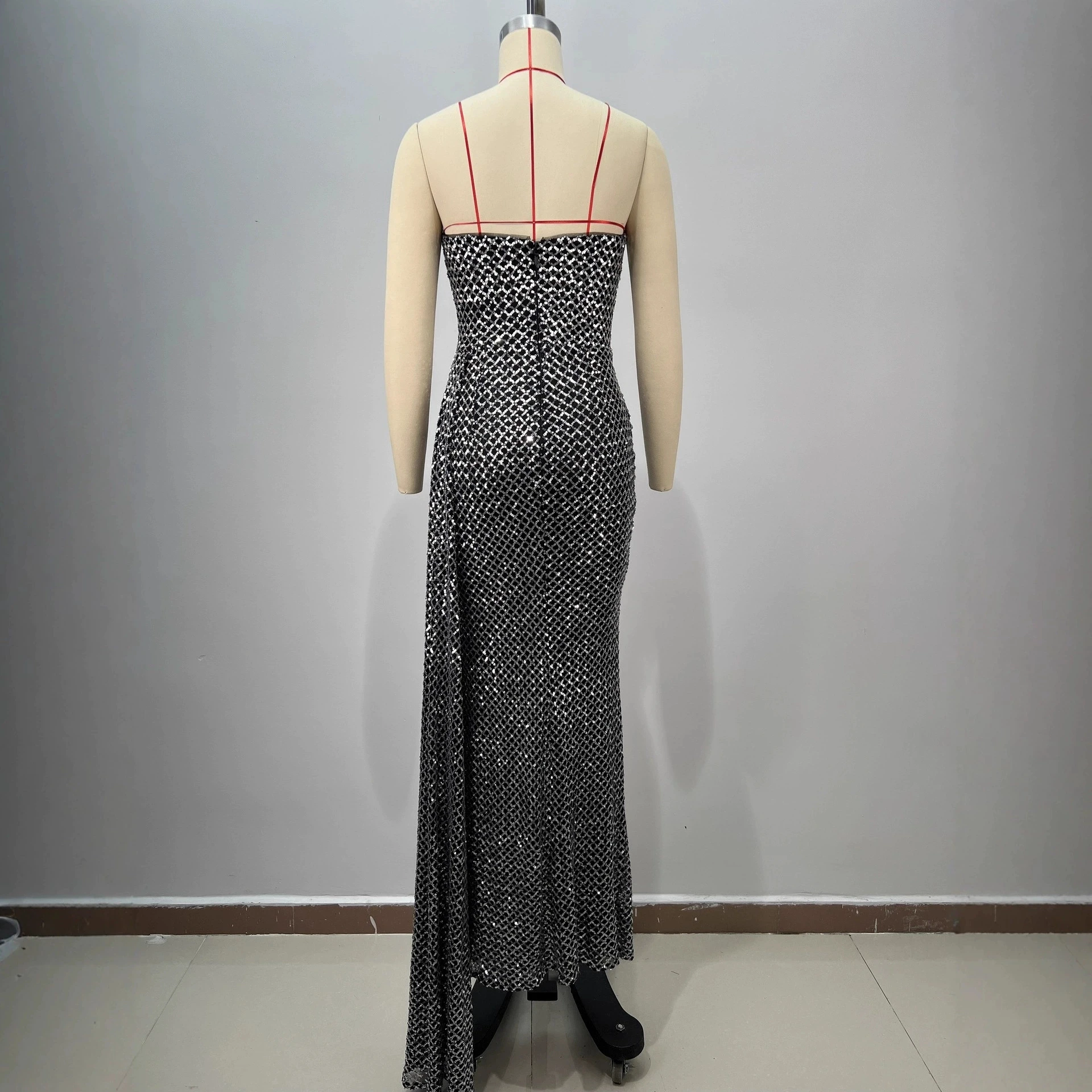 Black bandage style sequined slim fishtail long evening dress with rhinestones-GZXX801