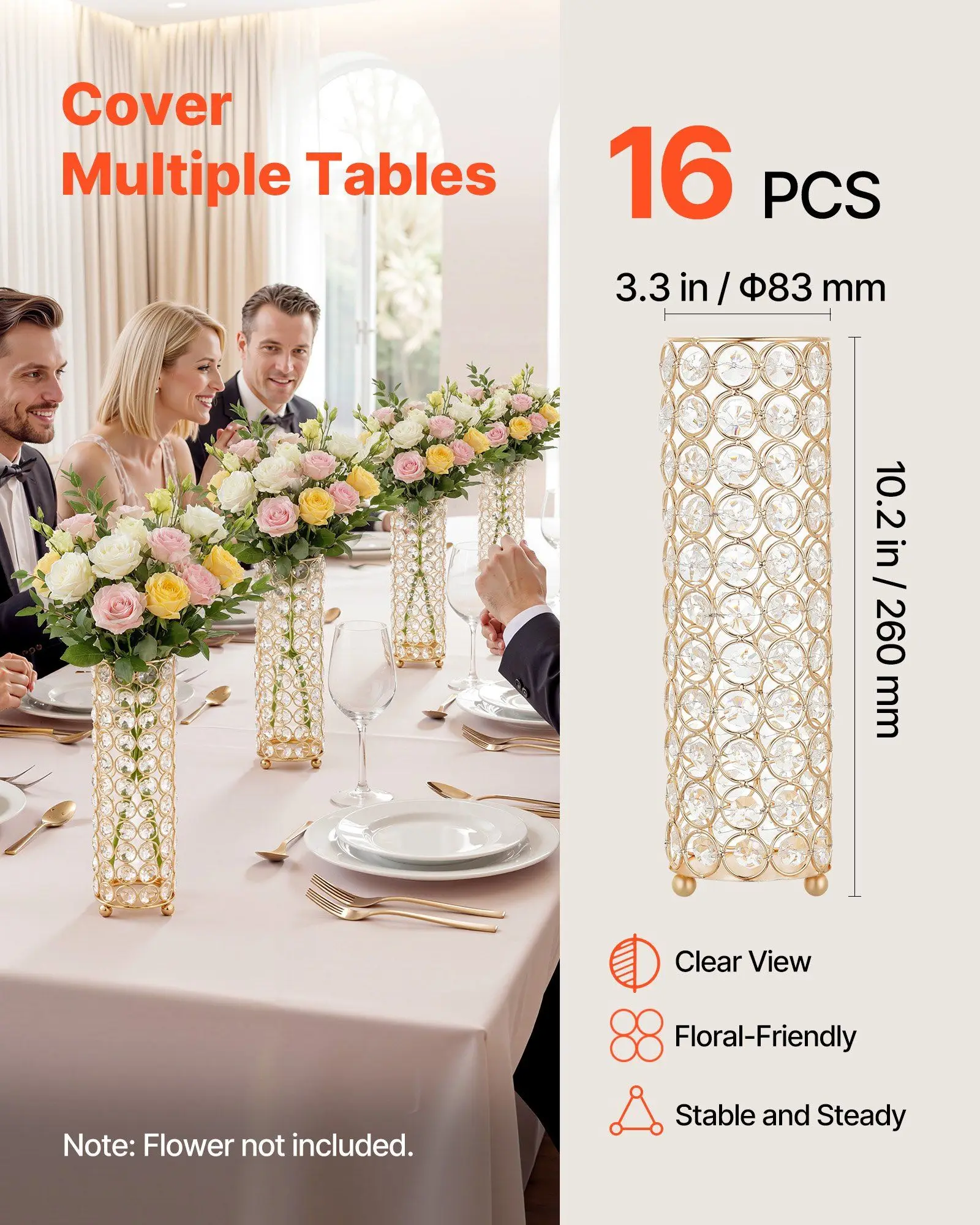 16 PCS Crystal Wedding Flower Vase, 10.24 in Tall Flower Table Centerpieces, Crystal Cylinder Banquet Vases Easy Installation, Versatile Arrangement Stand for Party Events Room Home Decor, Gold
