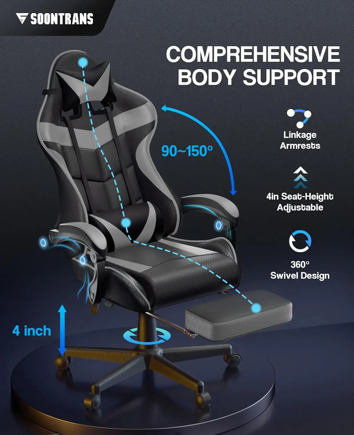 Kursi Gaming abu-abu dengan sandaran kaki, kursi Game komputer ergonomis, kursi Gamer dengan bantal Lumbar dan sandaran kepala dapat disesuaikan