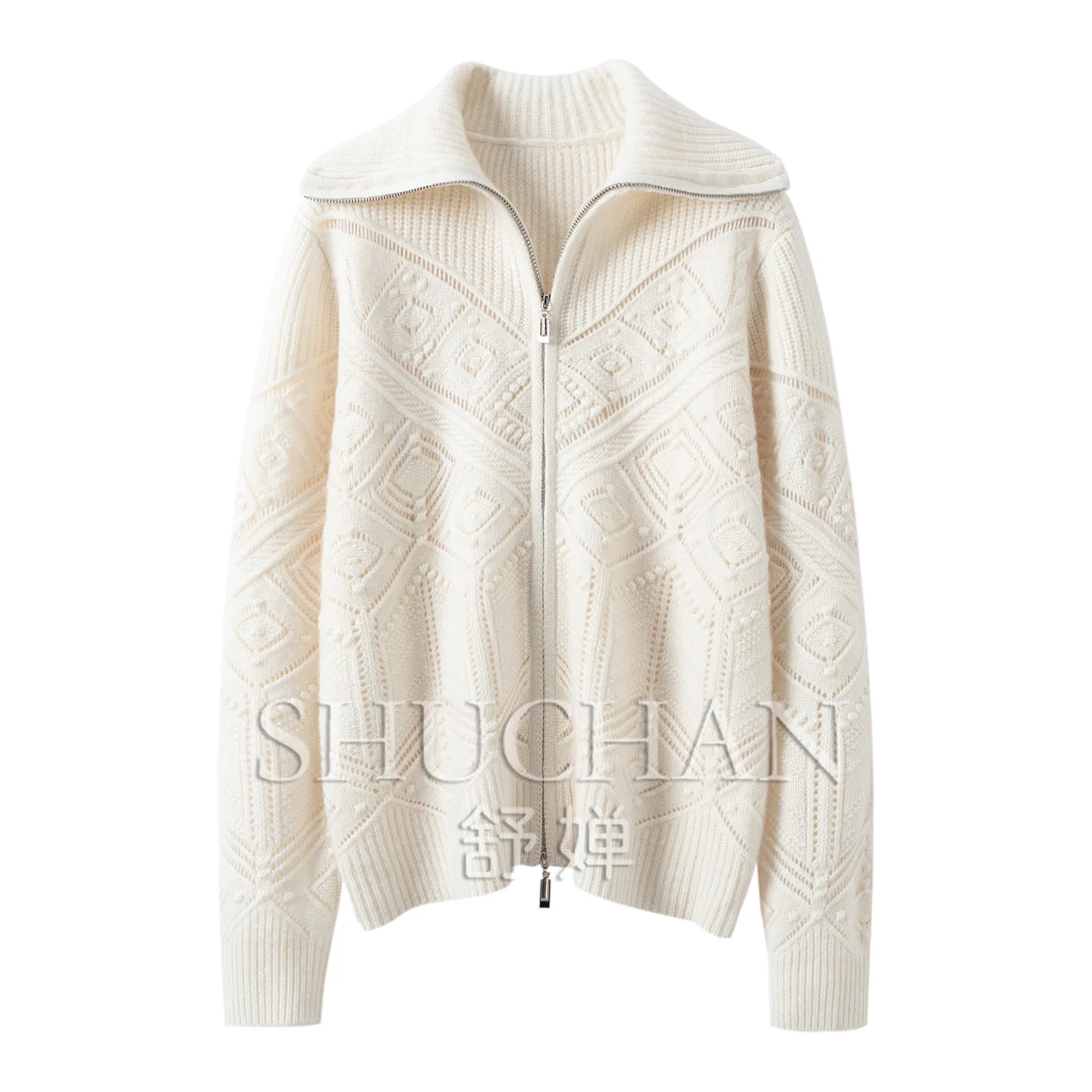 2026 New Korean Lazy Casual Cashmere 450g  Zipper Drum Wave Lapel Long Sleeve Solid Color Versatile Knitted Cardigan