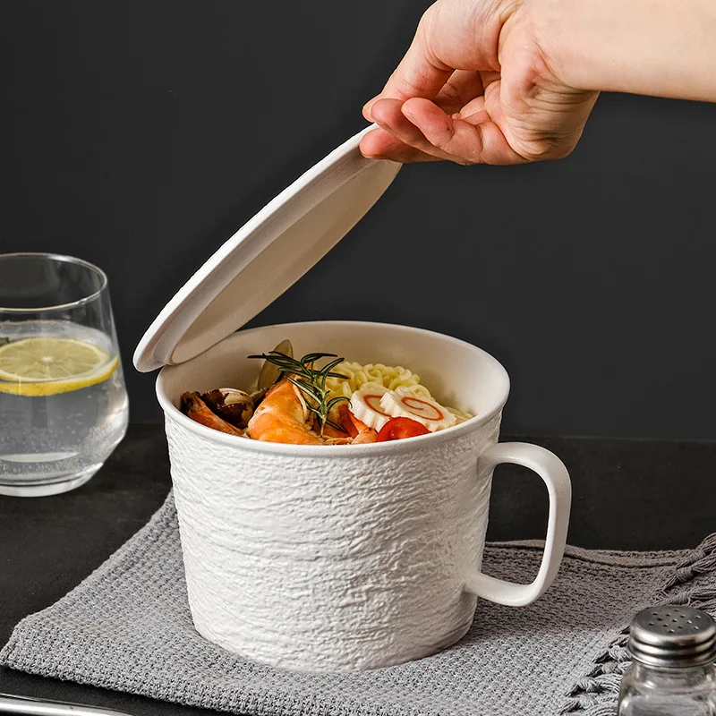 

Ceramic Pure Color Noodle Bowl with Lid Handle Stone Pattern Underglaze Dorm Soup Bowl