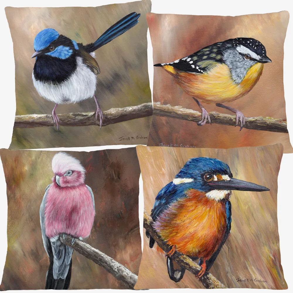 European Goldfinch Robin Superb Fairy Wren Kingfisher Galah Birds Poster Oil Painting Cushion Cover Animals Pillow Case