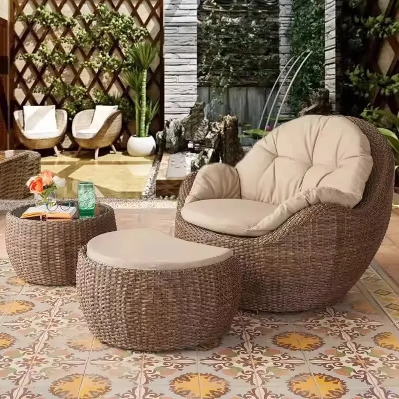 Dewellliving Modern Outdoor Leisure Three-Piece Rattan Woven Chair Coffee Table Set Metal Frame Non-Foldable Balcony Garden
