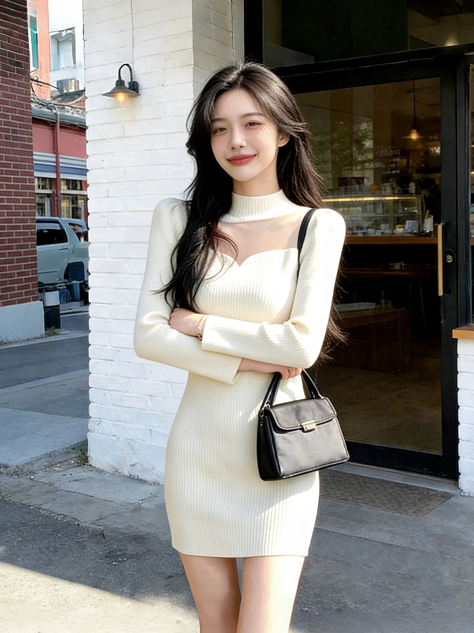

Soft White Knitted Sweater Dr Women's Slim Fit Wrap around Skirt f High Collar Long Sve Warm Casual Spring Dr