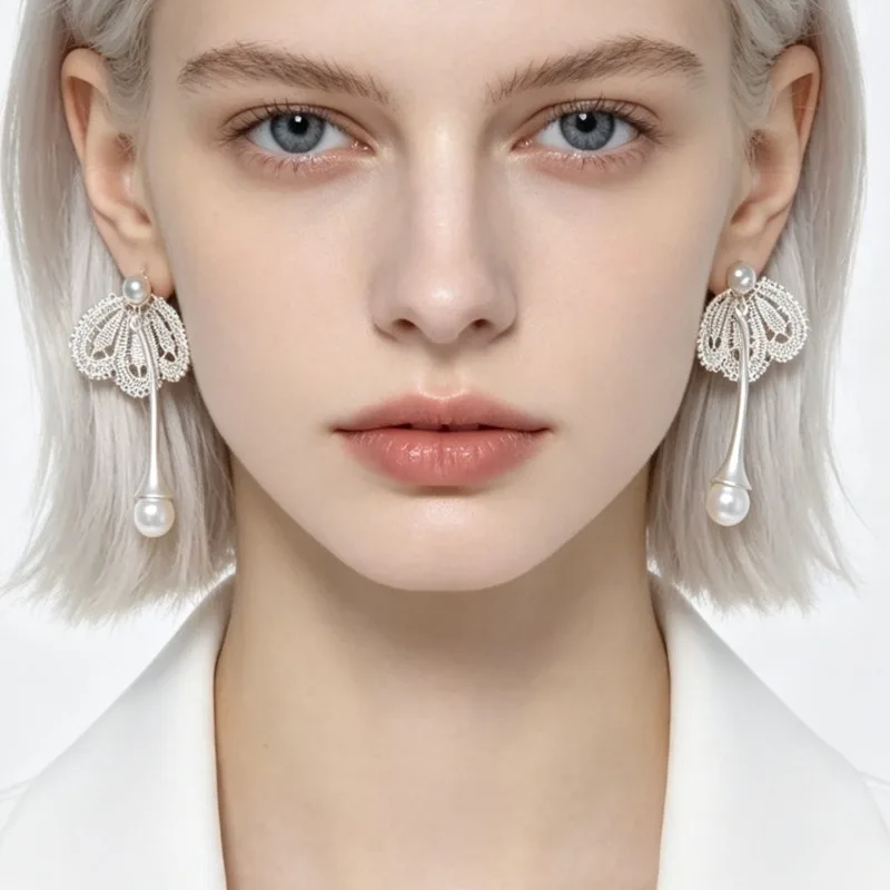 Lace Butterfly Imitation Pearl Jewelry Set Dainty Earrings Necklace Women Vintage Decor Accessory