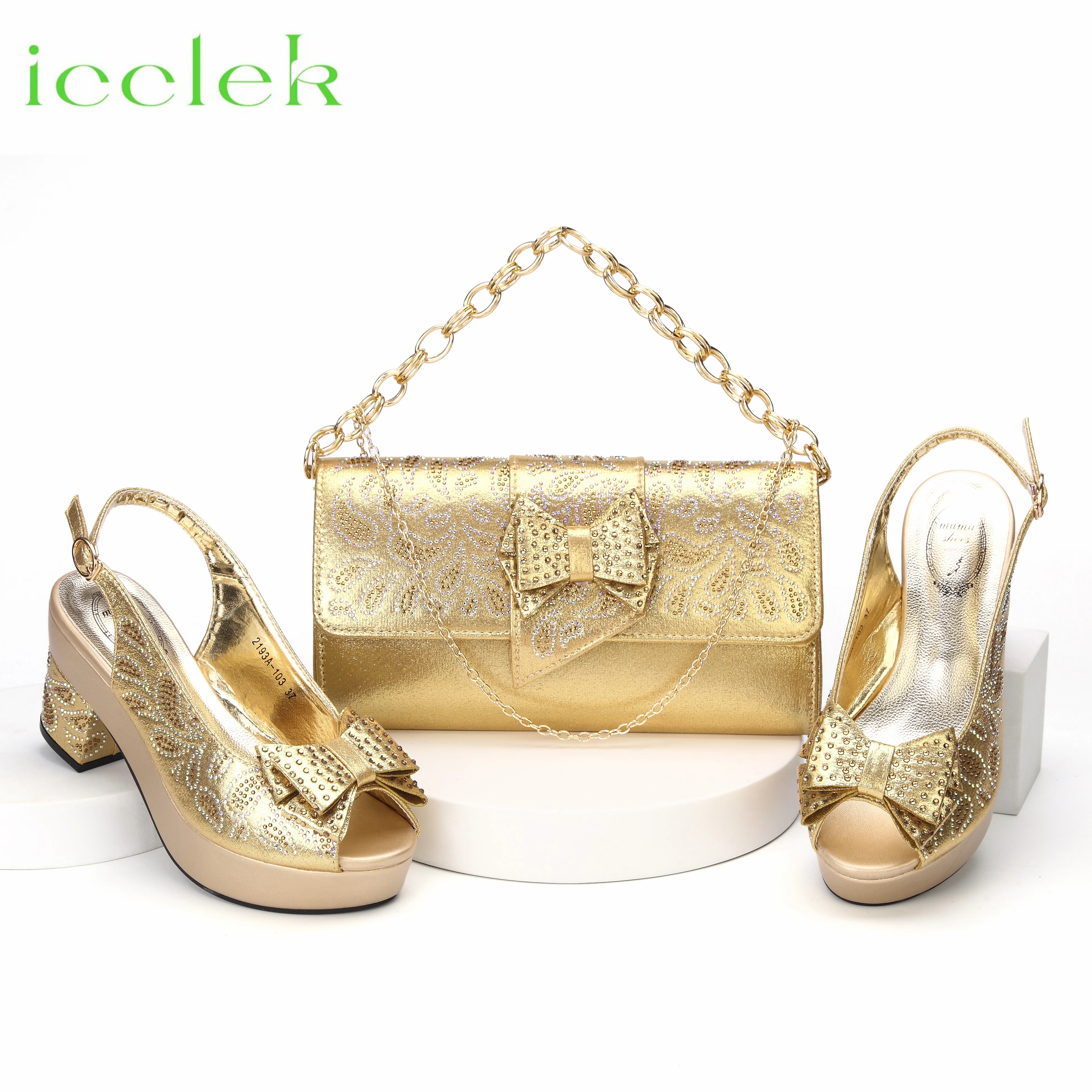 

2023 High Heels New Fashionable Platfrom Design Shoes Matching Bag Set in Gold Color For Nigerian Women Party