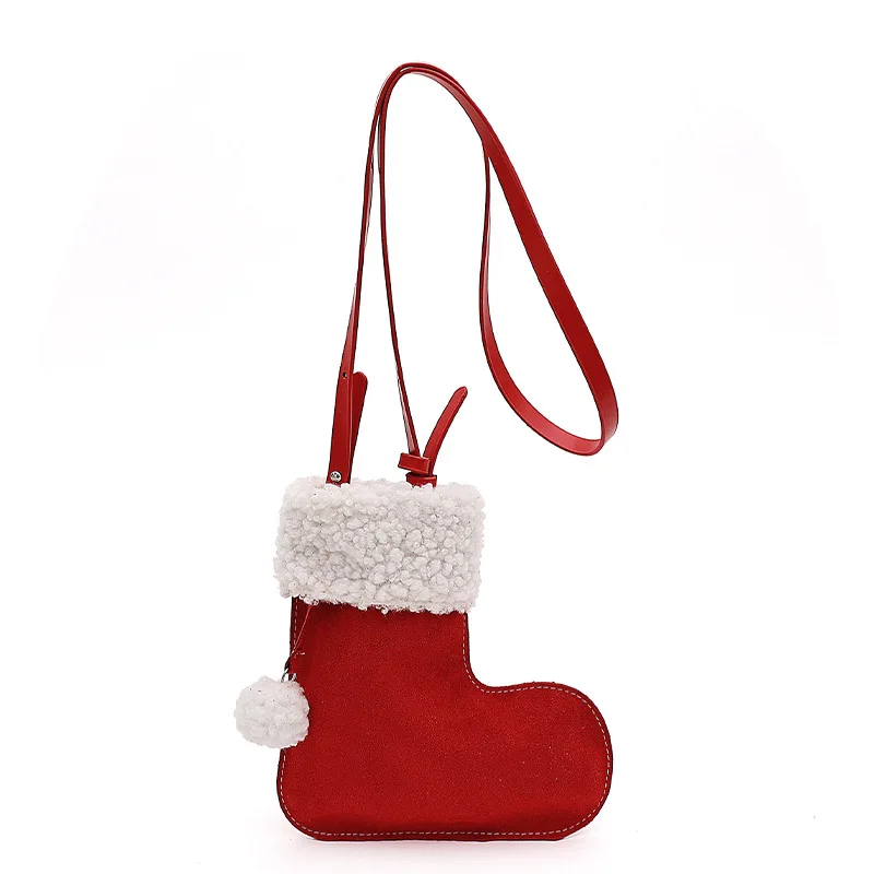 

Christmas Stocking Shaped Faux Fur Bag for Women Red/Brown Suede Shearling Crossbody Bag with Pom-Pom Balls Festive Winter Bag