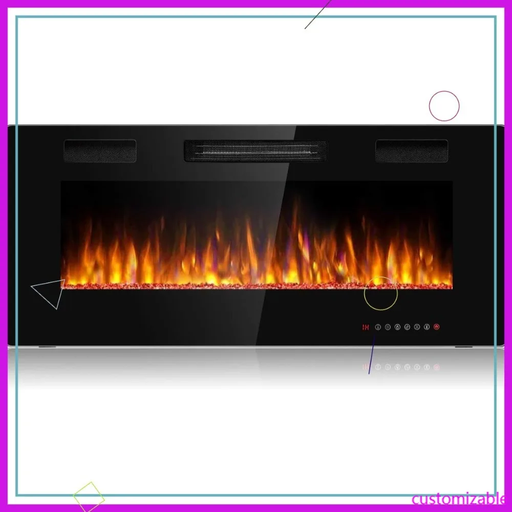 

42-дюймовый встраиваемый электрический камин с регулируемым цветом пламени, пультом дистанционного управления, сенсорным экраном, настенным обогревателем 750-1500 Вт