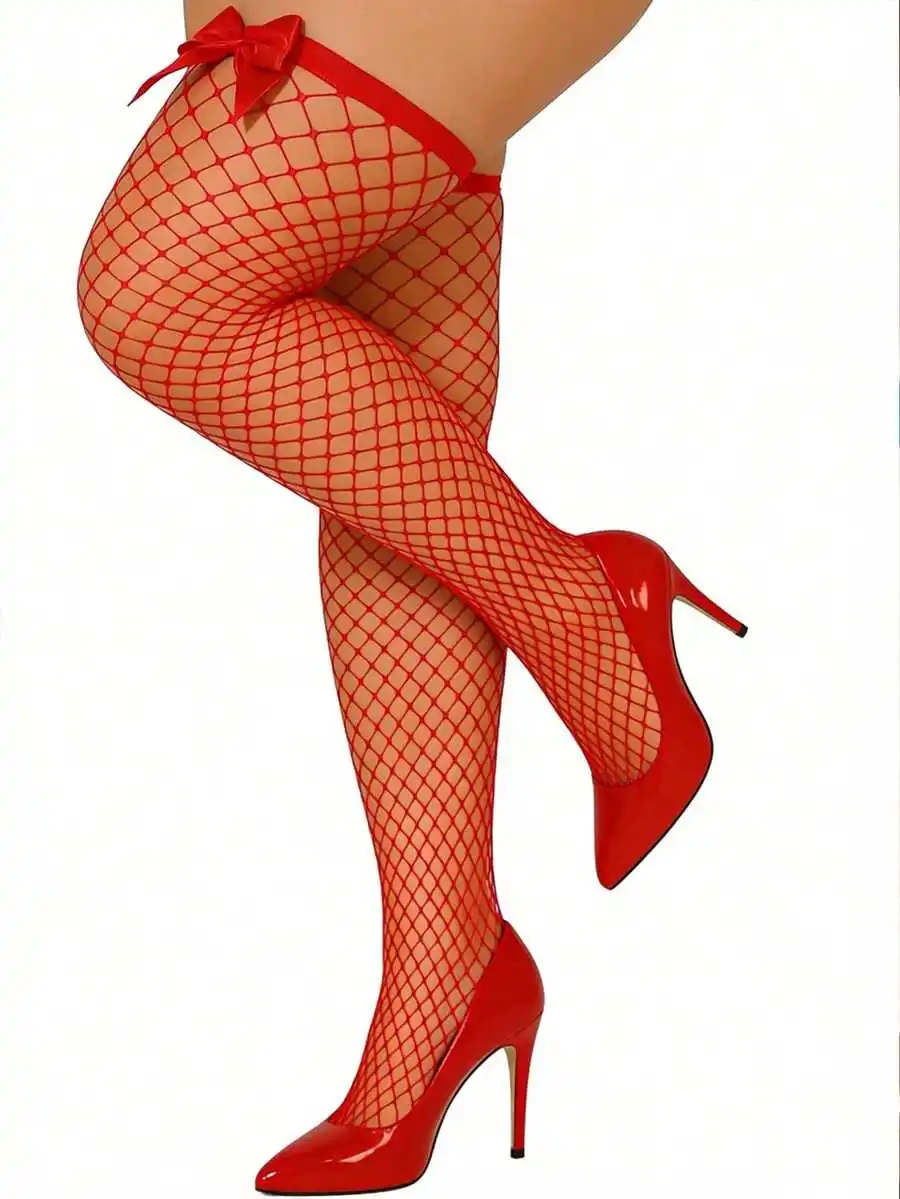 Bow Decor Fishnet Thigh High Stockings, Elastic Hollow Out Grid Over The Knee Fishnet Socks, Sweet Sexy Hold Up Mesh Hosiery For view 5