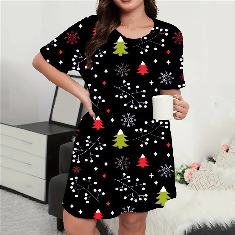 Shiny Stars Christmas Tree Print Dress Elegant Women Fashion Short Sleeve Loose A-Line Dress Plus Size Casual Party Mini Dresses