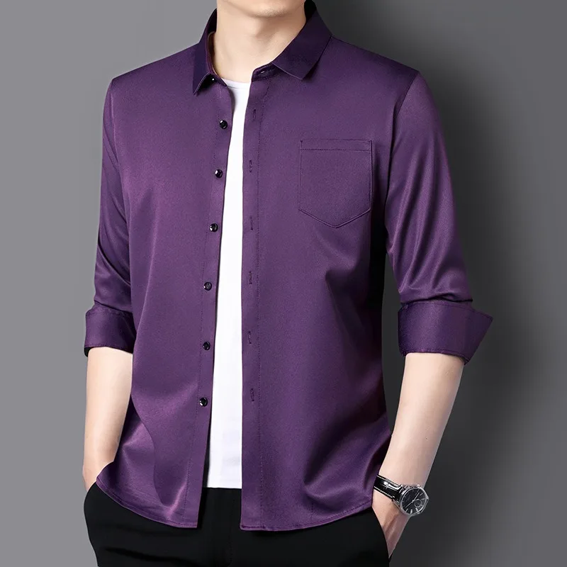 قمصان بيضاء للرجال ملابس مكتبية عالية الجودة غير حديدية مع جيب الثدي قمصان رجل الأعمال طويلة الأكمام عادية بولو T القمم