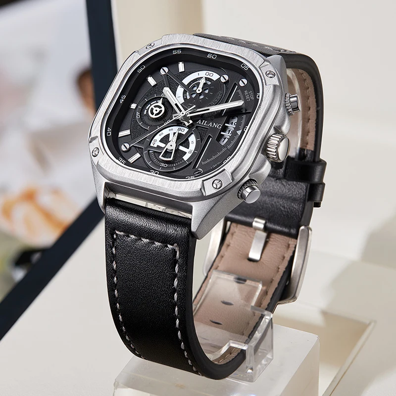 AILANG Men Watches Top Brand Luxury Hollow Square Sport Watch For Men Fashion Leather Strap Waterproof Quartz WristWatch